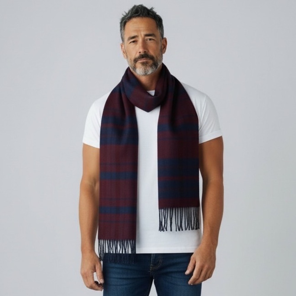Hand Tailored 100% Cashmere Scarf Made in Germany Burgundy Navy Blue Striped